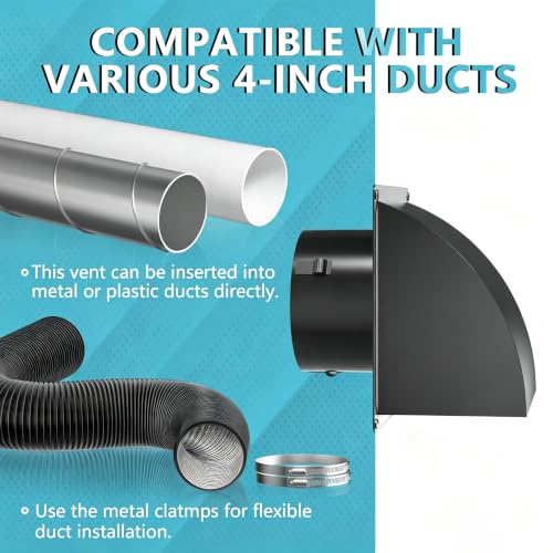 Image of 4 Inch Dryer Vent Cover Outside, HG Power Metal Exterior Vent Cover with Removable Screen & Cushioned Non-Return Flap, Air Wall Vent for House, Range Hood, AC, Opening Diameter: 3.81 inch Black