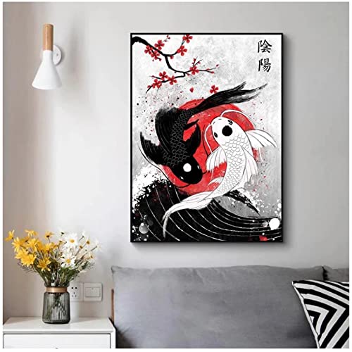 Abstract schilderij Art Print Zwart-wit Koi Fish Wall Art Poster Canvas schilderij Modern Home Decor (60 × 80 CM/23.6 × 31.4 inch) Frameloze - Afbeelding 5