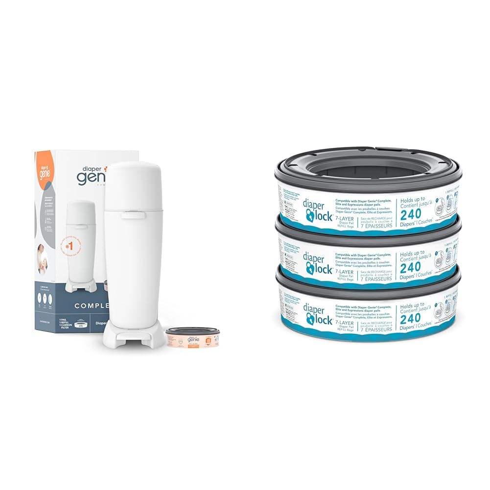 Bundle of Diaper Genie Complete Pail (White) with Starter Refill + Diaper Lock Refills (3Pack)