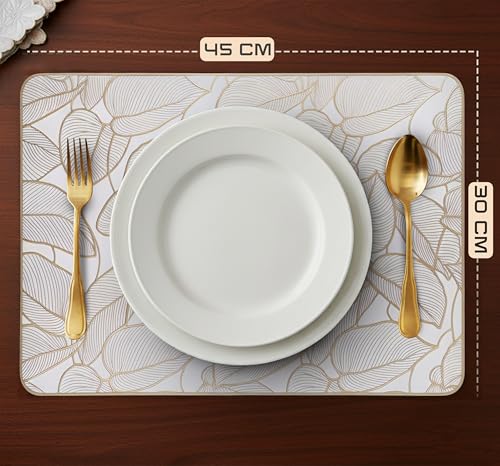 Image of Yellow Weaves 1 Pc PVC Table Placemats, Dining Table Mat, Stain Resistant, Anti-Skid, Waterproof, Washable, Dining, Kitchen, Restaurant Table Set Easy to Clean, Durable (Leaf Golden)