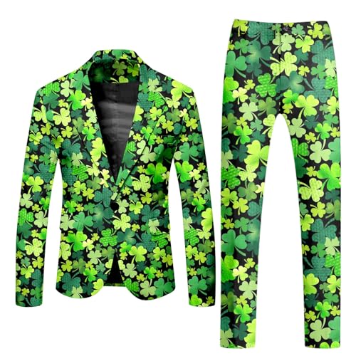 Traje formal de dos piezas para hombre, traje de blazer ajustado, ligero, manga larga, estampado de trébol, con botones, túnica, pantalones rectos, pantalones divertidos, traje novedoso para el día de