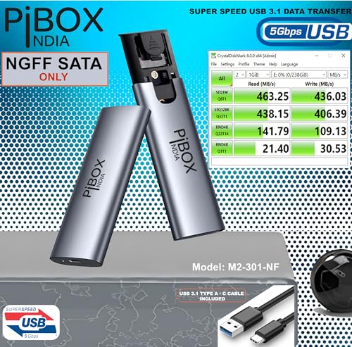 Image of pibox India NGFF M2 SATA Enclosure, M.2 Enclosure for SATA NGFF SSD Aluminum case USB 3.1 Gen 2 to B M B-Key 2280 2260 2242 2230 External Solid State Drive with UASP - REALTEK RTL9201R - Tool Free