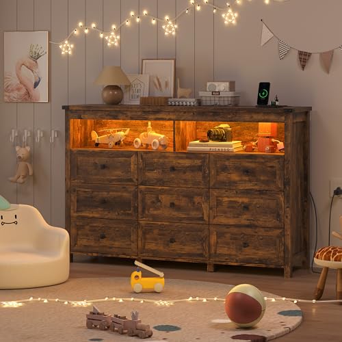 Image of Wodeer 9 Drawer Dresser for Bedroom with LED Lights, Charging Station, Wood Chest of Drawers with Metal Handles, Modern TV Stand & Storage Organizer for Living Room, Hallway, Brown