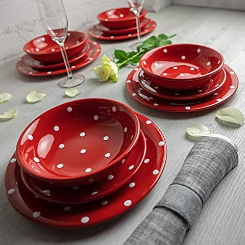 City to Cottage Red and White Handmade Hand Painted Ceramic 12 Piece Tableware Set | Polka Dot Spotty Dinnerware Service Cover