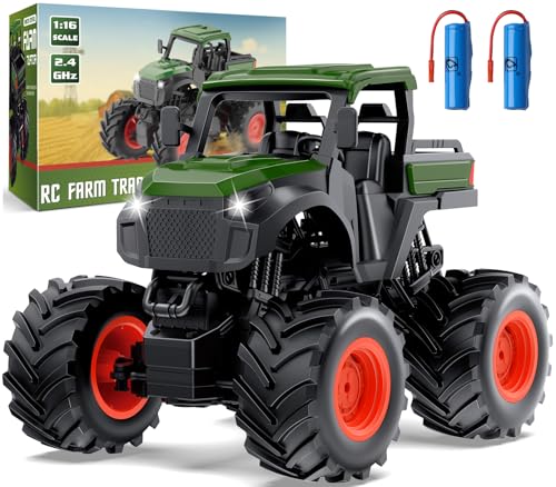 Uarzt 1:16 Remote Control Tractor Toy, RC Monster Truck Toys, 2.4GHz Farm Cars with 2×800mAh, LED Lights, Realistic Working Sounds, Green Toy Vehicle Birthday Gift for Kids Boys Girls 4-12 Year Old