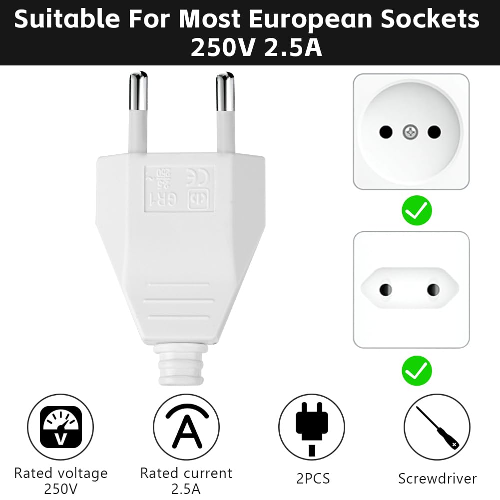 AXFEE 2 Pezzi Spina Europea Piatta, 250V, 2,5A Spina Elettrica, Connettori Europei, per Elettrodomestici Apparecchi di Illuminazione Prese per Piccoli Elettrodomestici, Design Compatto Sicuro -Bianco
