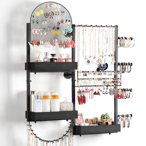 Keebofly Wall Mount Hanging Jewelry Organizer - Large Display Holder for Earrings, Rings, Necklaces, Bracelets, Watches and Perfume - Black