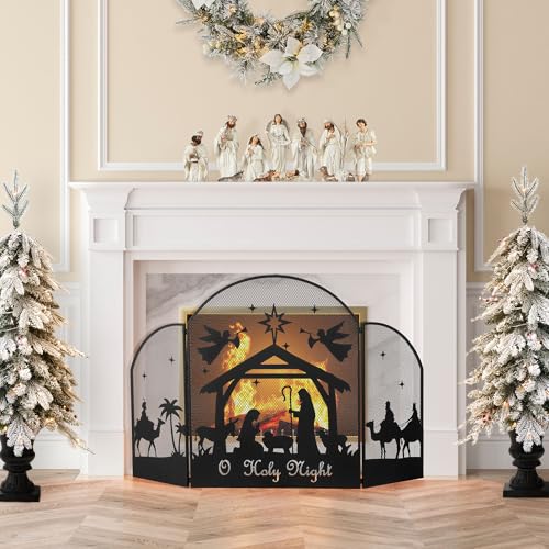 Glitzhome 3-Panel Fireplace Screen, Decorative Metal Mesh Cover with Nativity Scenes - 30" x 48" Foldable Standing Gate, Christmas Theme Safety Protector for Home Decor, Indoor & Garden Use