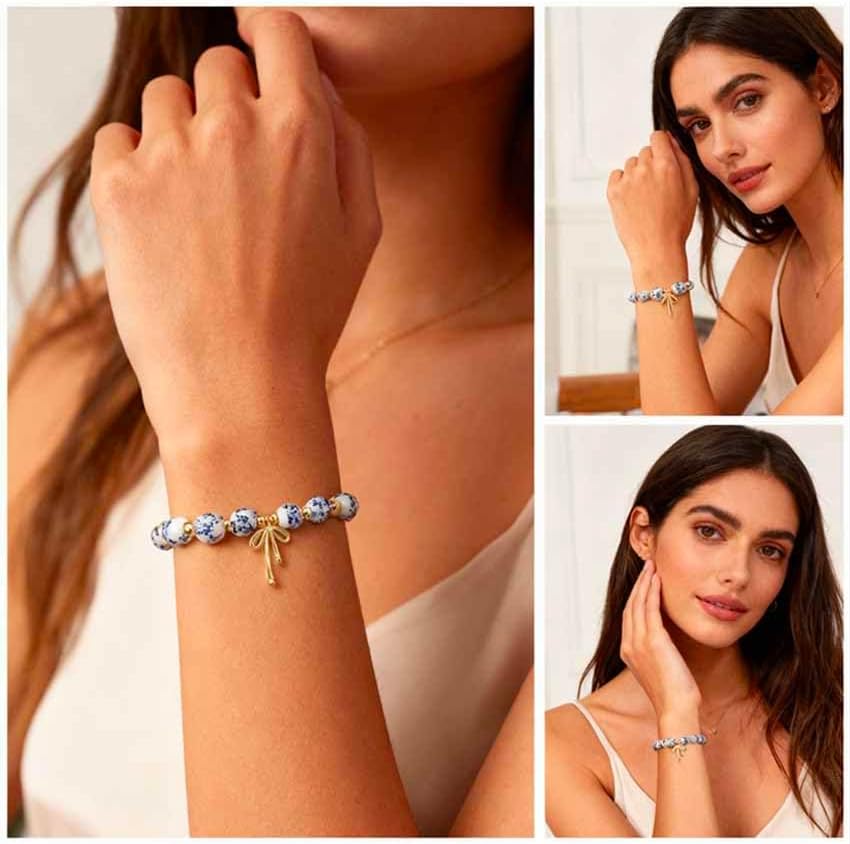 Beads Bow Charm Bracelet for Women, Flower Vintage Handmade Bracelet Stretch Beaded Dainty Romantic Jewelry Gifts Valentines Day Gift - Image 2