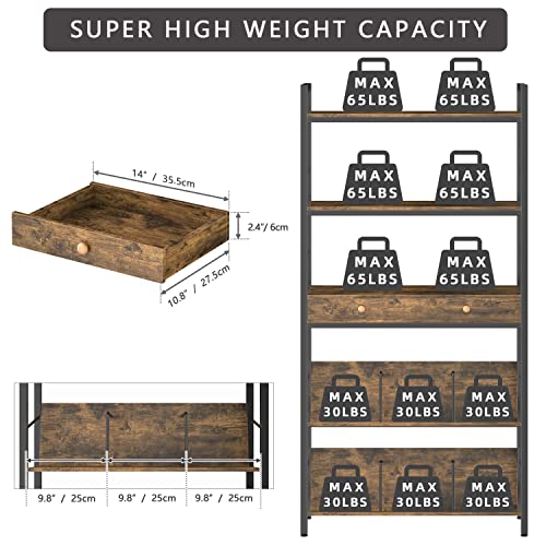 Yaohuoo Bookshelf With 2 Drawers-31.5” Widen Industrial Book Shelf With Bookend, 5 Tiers Tall Storage Shelves, Steel Frame Display Rack, Suitable For Bedroom,Office,Living Room,Bathroom #TOP1