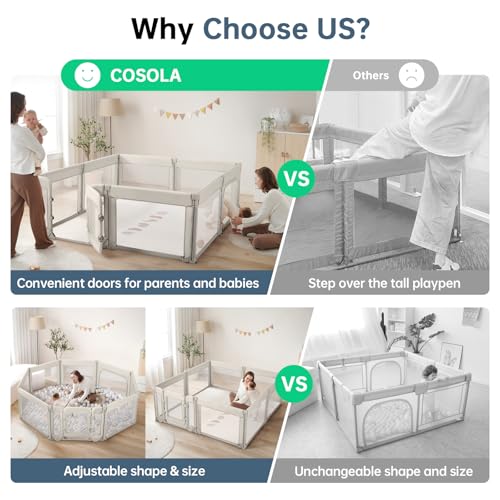 Image of Large Baby Playpen for Babies and Toddlers 79x71 Inch, Adjustable Foldable Indoor & Outdoor Play Pen for Toddlers Twins Baby Fence Play Yards with Breathable Mesh Anti-Fall Playpen,Khaki