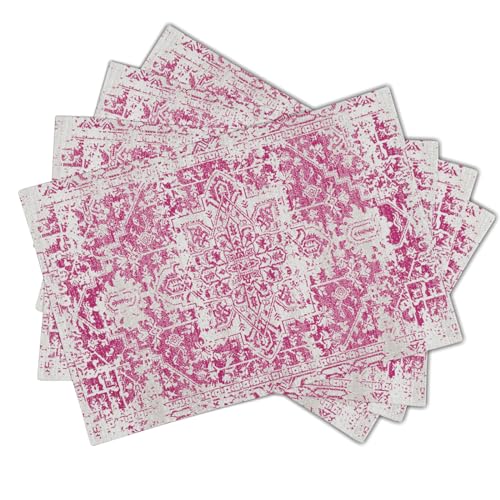 Image of Gray Hot Pink Boho Placemats Set of 4 Ethnic Bohemian Carpet Place Mats Washable Kitchen Dining Vintage Grey Geography Floral Linen Table Mats Stain Heat-Resistant for Home Party Indoor 12x18 in