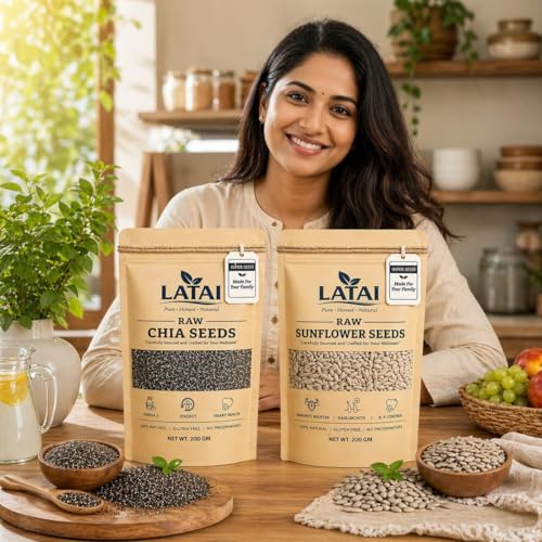 Image of LATAI Energy & Nutrition Seeds Combo Pack of 2 | Raw Chia Seeds & Sunflower Seeds | Naturally Rich in Omega 3, Protein, Fiber & Vitamin E | 200g Each (400g Total) | 100% Natural, Gluten Free