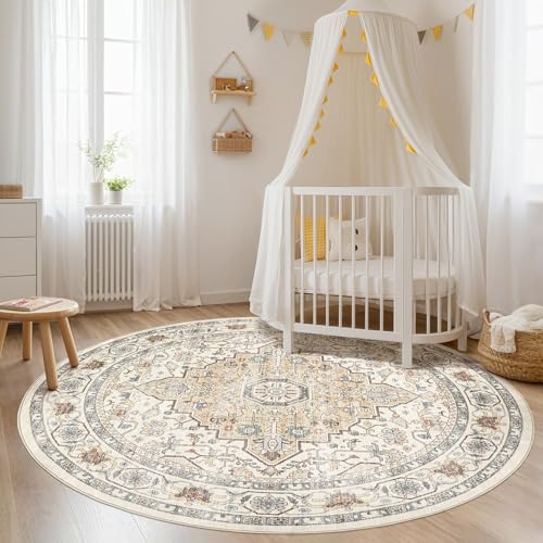 Round Rug Living Room Rugs: 8Ft Washable Boho Neutral Large Circle Soft Indoor Floral Stain Resistant Floor Farmhouse Carpet for Bedroom Nursery Kids Playroom Office Dining Room Dorm Home- Cream Blue