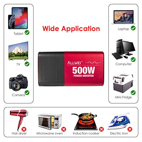 500W Pure Sine Wave Power Inverter DC 12V to AC 110V Car Inverter Power Adapter Converter with Type C PD18W/12V DC Output/4.8A Dual USB Charging Ports and 2 AC Outlets Car Charger