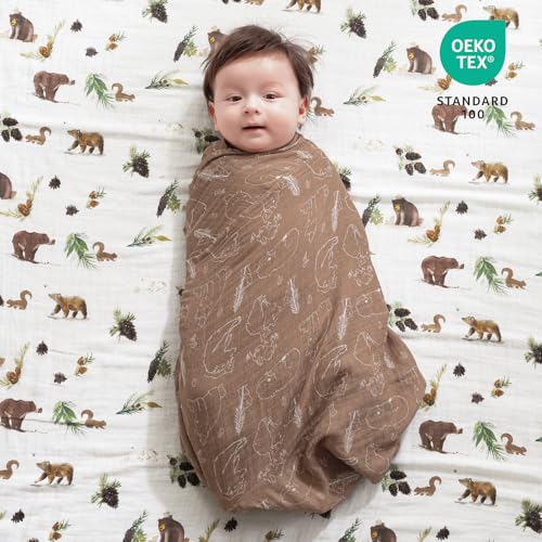 Image of david's kids 4 Pack Baby Muslin Swaddle Blankets, 100% Cotton and Ultra Soft Breathable Receiving Blanket Wrap for Boys Girls, New Born Essentials, Large 47 x 47 inches, Woodland Animals /Green