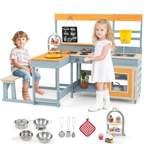 Image of HONEY JOY Mud Kitchen & Kids Picnic Table, 2 in 1 Fir Wood Play Kitchen w/Built-in Bench, Blackboard, Water Box, Sink, Dessert & Cookware, Outdoor Kitchen Playset for Backyard