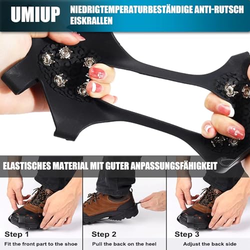UMIUP Steigeisen für Schuhe, 10 Zähne Schuhkrallen, Anti Rutsch Schuhkralle, Eiskralle zum Spielen im Schnee mit Edelstahl Spikes für Wandern, Schnee, EIS, Trekking, Eisfischen ((L (EU 40-44))