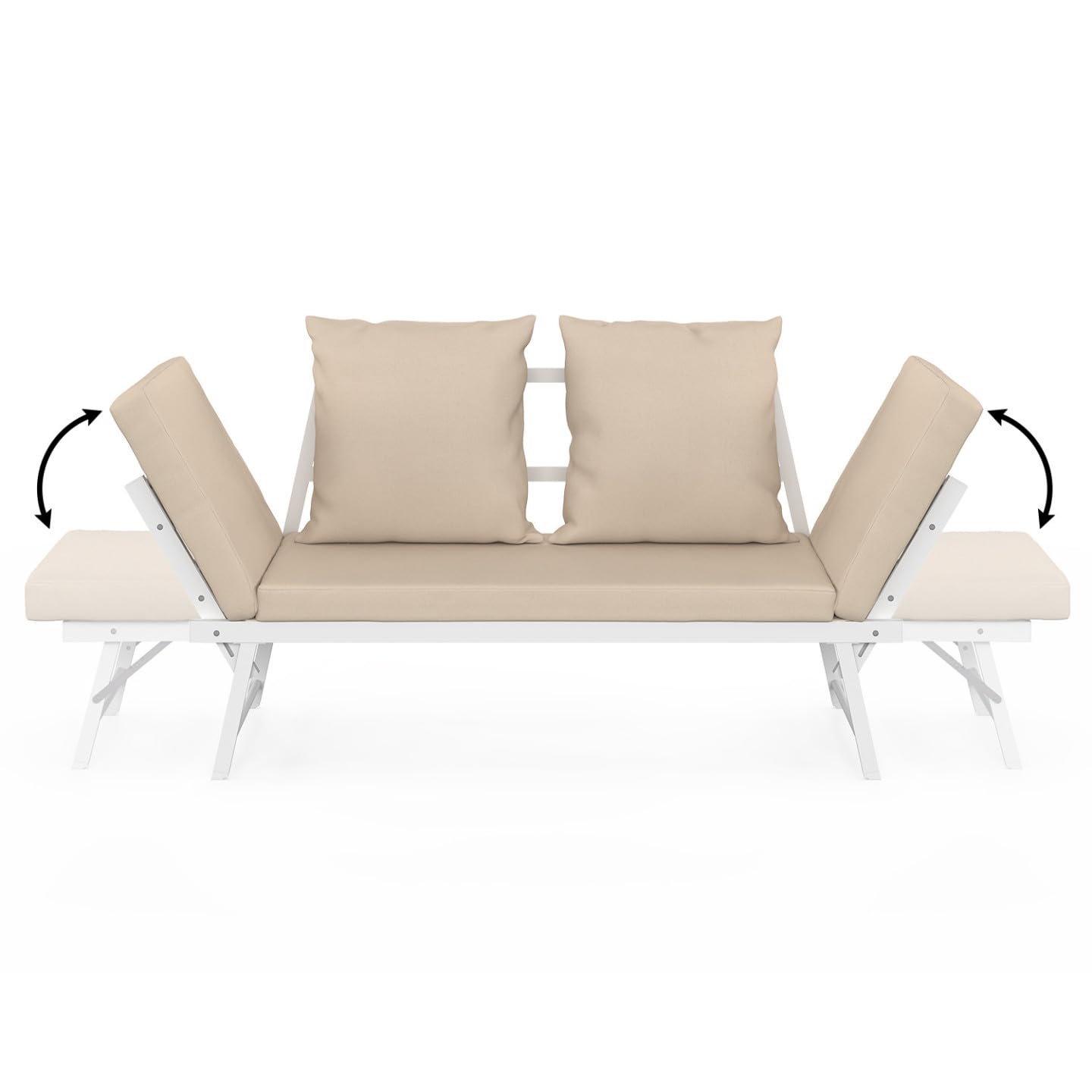 IDMarket - Canapé de Jardin, Banquette Convertible NOLA 2/3 Places avec accoudoirs inclinables métal Blanc et Coussins Beige
