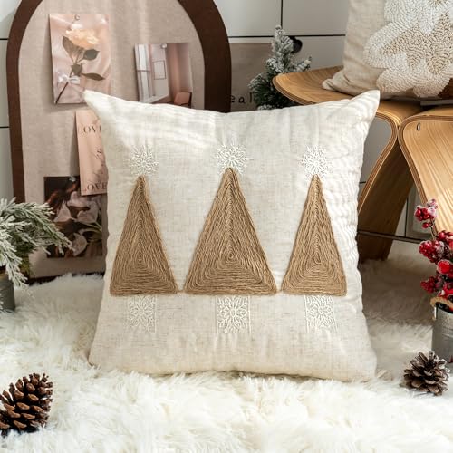 Christmas Tree Pillow Cover Burlap Holiday Farmhouse Decorative Throw Pillow Sham with Embroidered Ribbon Snowflakes for Fall Winter Home Decoration 18×18 inches 1PCS