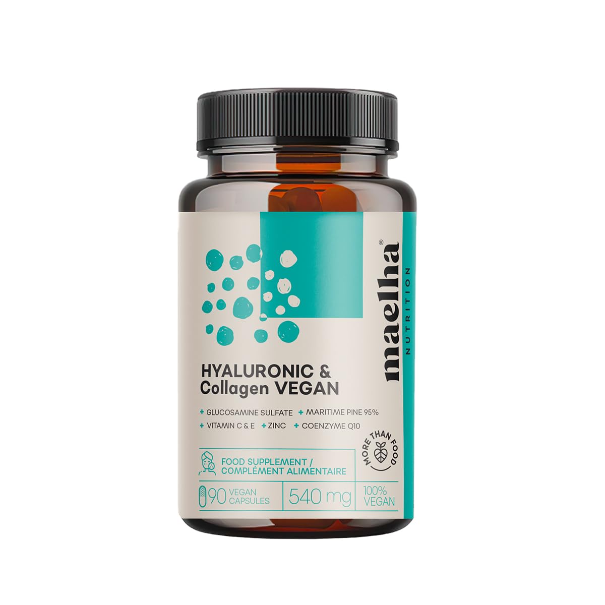 Ácido Hialurónico y Colágeno VEGANO | Fórmula concentrada con vitamina C y E, zinc, coenzima Q10 y pino marítimo | 90 Cápsulas | 100% vegano