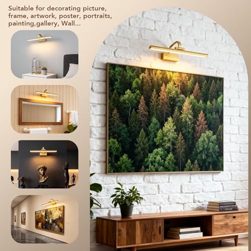 Image of RAIFOOLLY Picture Light, 16inch Cordless Picture Lights for Wall with Timer and Dimmable, Battery Operated Metal Wall Lights for Display Gallery Painting Art Frame Portrait - Gold