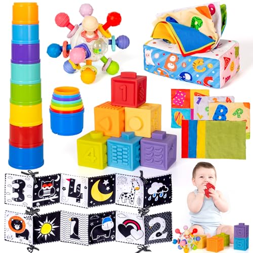 Image of Montessori Toy for Babies 0–6–12 Months 5 in 1 Sensory Infant Toy Stacking Building Blocks Tissue Boxes Soft Baby Book Development Learning Teething Toy for Toddlers 1 2 3 Year Old Girl Boy Gift