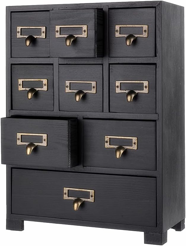 PACKGILO Apothecary Cabinet with 9 Drawers & Labels Rustic Library Card Catalog Cabinet Desktop Wooden Storage Box for Organize Herbal、Tea Bag、Jewelry (Black)