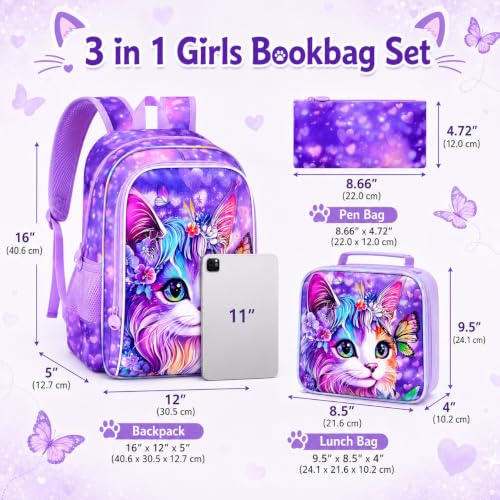 Image of 3Pcs Cat Backpack for Girls, 16 inch School Bookbag Set with Lunch Box，Kids Backpacks for Elementary Preschool Kindergarten (Purple)