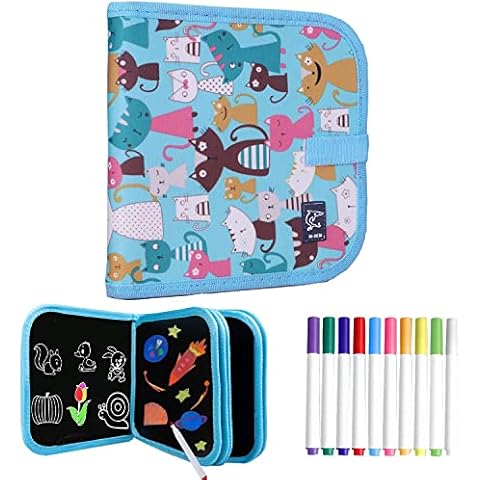 14 Pages Wipe Clean Colouring Book for Boys Girls Graffiti Drawing Board with 12 Colouring Pencils, Pages Reusable Painting Board Magic Board Portable Erasable Doodle Drawing Tablet (Cat) Cover