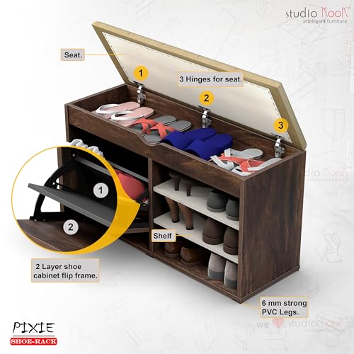 Image of Studio Kook Pixie Shoe Cabinet, Engineered Wood, 14 Pairs Capacity, Cushioned Top, Matte Finish (Junglewood)