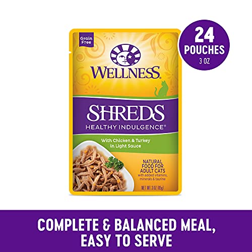 Wellness Healthy Indulgence Shreds Adult Wet Cat Food, Natural, Protein Rich, Grain Free, Chicken and Turkey Recipe, 3 oz, Pack of 24 Pouches - Image 3