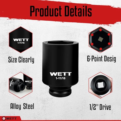Image of WETT 1 /2 inch Drive Deep Large Impact Socket Set, 8-Piece Spindle Axle Nut Large Sockets Set, Standard SAE 6 Point Wheel Wrench Sockets, CR-V Steel, (1-1 /4-Inch-1-3 /4-Inch)