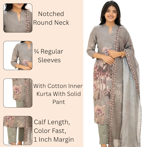 Image of Sun Fashion And Lifestyle Kurta Sets for Woman | Kurti Set | Women's 3 Piece Kurta Pant Dupatta Set | Cotton Blend Kurta Woman | Elegant Suit for Women | Dupatta (KPD62 Grey)