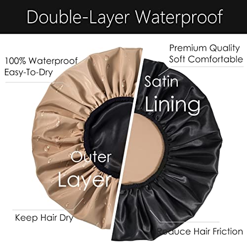 Auban Extra Large Shower Cap for Braids, Double-Layer Waterproof Reusable Satin Lining XL Shower Cap for Women Long Hair, Locs, perms (khaki)