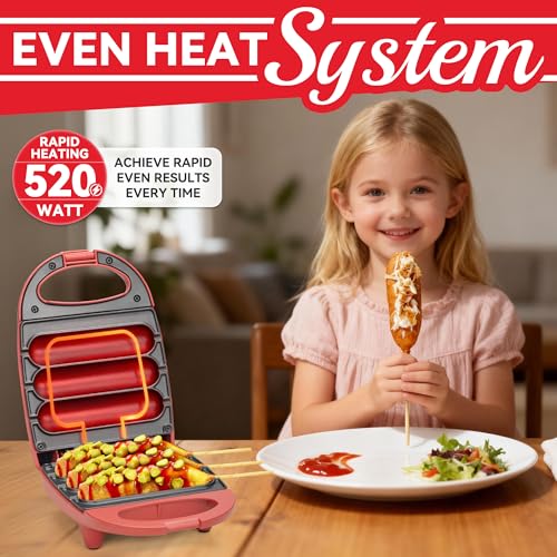 Image of SugarWhisk Electric Corn Dog Maker, Fryer for 3 Mini Corn Dogs on Stick, Cheese Mozzarella Sticks & Treats, Corndog Maker Machine, Hot Dog Machine, Brush Included, Red