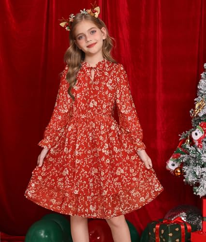 Image of GRACE KARIN Girls Fall Long Sleeve Dress Formal Party Holiday Smocked Waist Midi Dresses 5-12Years