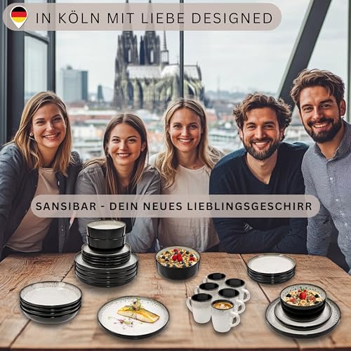 SÄNGER Sansibar | Teller Set 6 Personen, Steingut Geschirr Set 6 teilig, Speiseteller Essteller Dinner Set kratzfest, Plates Set spülmaschinenfest, Steingut Speise Teller hellgrau | VALUE COLLECTION