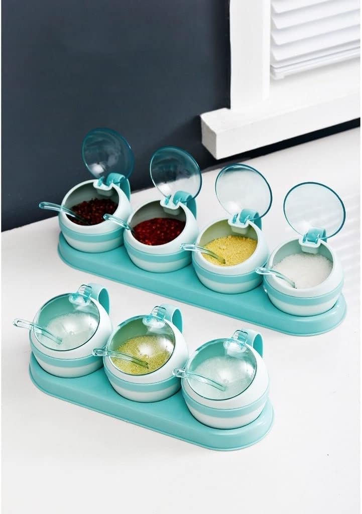 SAeWare Juego de recipientes de especias de plástico para condimentos de cocina con tapa de cuchara, contenedor de condimentos para cocina, encimera de cocina, azul, 3 piezas
