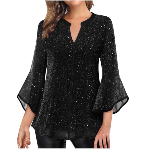 Blusa elegante para mujer, manga 3/4, manga con volantes, parte superior de malla, patchwork, fiesta, túnica, cuello de pico, jersey festivo, doble capa, ligera, transpirable, Negro , XL