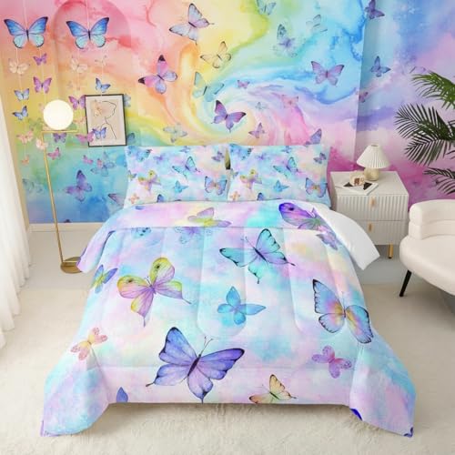 Image of QOOMO Cute Butterfly Kids Comforter Set,Cartoon Insects Print Bedding Set Queen Size for Boys Girls Room Decoration,Colorful Bed Set Microfiber Lightweight,1 Comforter Set 2 Pillowcases