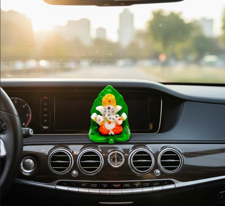 Image of Pan Ganesha Idol on Leaf Small Ganesha Idol for Pooja Resin Ganesh Murti Mini Ganesh Statue for Home Mandir Car Dashboard Decorative Ganesha Statue Spiritual Gift