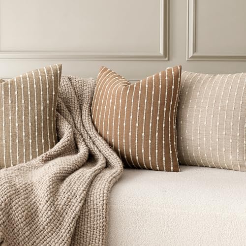 Image of Foindtower Pack of 2 Decorative Jacquard Boucle Throw Pillow Covers Accent Textured Striped Pillowcases Soft Boho Modern Cushion for Couch Sofa Bedroom Living Room Home Decor 20x20 Inch Rust Tobacco