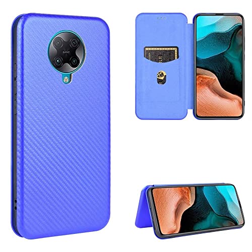 TiHen Compatible con Cover Xiaomi Poco F2 Pro, Flip Fibra di Carbonio Custodia [Test di caduta] Antiurto Protettiva Stand con Slot per Schede, Vetro Temperato*2-Blu