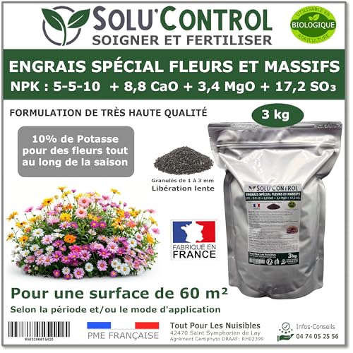 3 kg - Engrais Spécial Fleurs et Massifs NPK 5-5-10 - Favorise une floraison abondante, éclatante et durable - Utilisable en Agriculture Biologique (UAB) -...