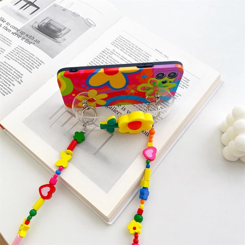 Lanyard Case Compatible with iPhone 13 Pro Max, Crossbody Case with Strap and Wrist Band, Unique Cute Kawaii Colorful Painting Flowers Design for Girls and Women - Image 4