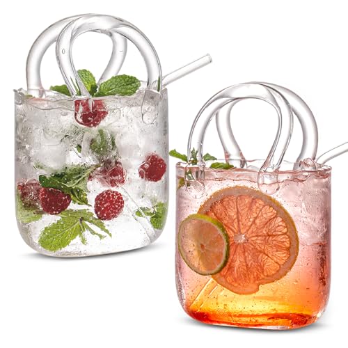 USEEKRIL Glass Purse for Drinks Set of 2 24oz Unique Funky Thick Wine Glasses Gifts for Women Party Fish Bowl Vase Creative Unique Drinking Glass for Fruit Juice Tea Matcha Coffee Flowers (Bubbled)