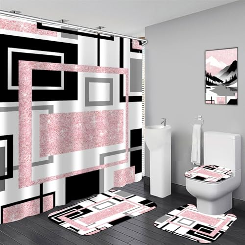 Yddsky 4 Pcs Pink Geometric Shower Curtain Sets Non-Slip Bath Rugs Bathroom Accessories Bathroom Sets with Shower Curtain and Rugs Pink Geometric Modern Bathroom Decor with 12 Hooks
