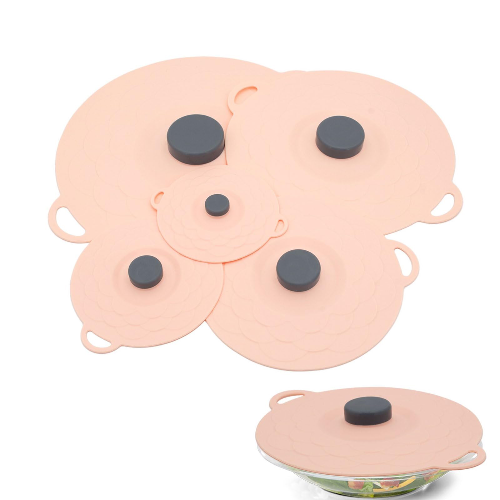 Coperchio in silicone, 5 pezzi, riutilizzabile, in silicone, 5 misure, antipolvere, resistente al calore, con effetto di aspirazione per cucina, Rosa