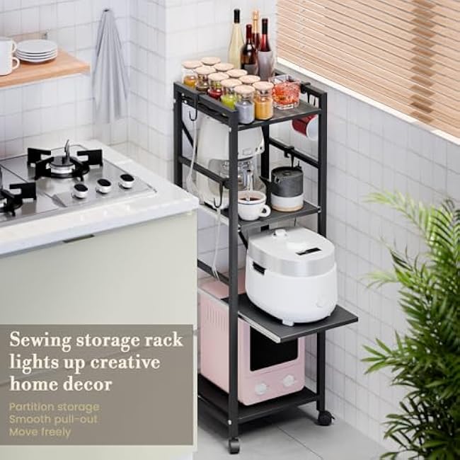 Kitchen Baker's Rack with Rolling Wheels, Adjustable Height Microwave Cart, 4-Tier Bakers Rack with Lockable Casters, Carbon Steel Storage Cabinet for Kitchen, Bathroom, Office-4mLhzGG3